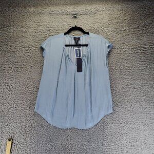 Rachel Roy Top Womens Medium Blue Pleated V-Neck Cap Sleeve Lightweight Style
